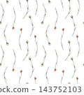 Wildflower buds with long stems, delicate watercolor seamless pattern. Floral botanical illustration isolated on white background Soft gentle flowers pastel coloured for fabric, wallpaper or packaging 143752103