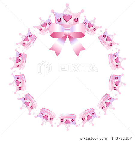 Circular wreath made of pastel pink princess crowns with glossy hearts, sparkling stars and a large pink ribbon bow. Cute girly frame with empty white center for birthday invitations, baby shower. 143752197