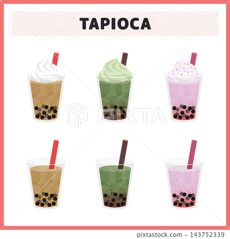 一套木薯奶茶、抹茶、櫻花和草莓飲品的插圖，適用於咖啡館和甜點店的向量材料。 143752339