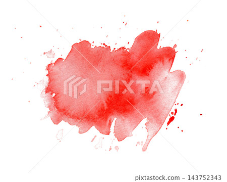 Abstract watercolor paint textured scarlet red round blob shape with drops splatter. Creative coral watercolour brush stroke stain splash with spray spots for banner design, blood frame background 143752343