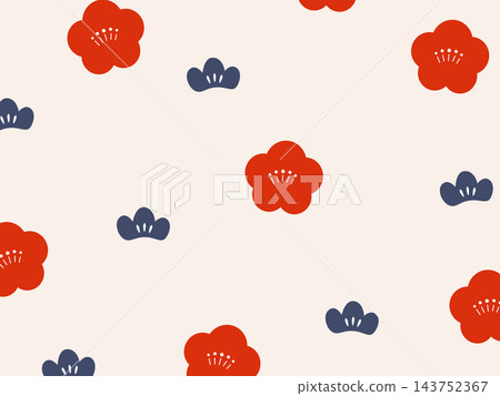 Illustration material featuring a Japanese pattern background of plum blossoms and pine trees. 143752367