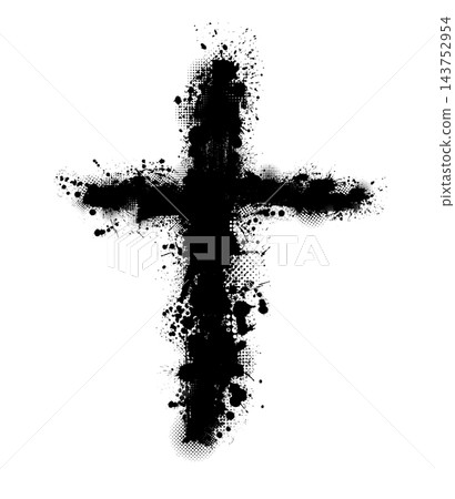 Religious cross painted with a brush ink blots and splashes. Hand-drawn. Not AI. Vector illustration. Religious cross painted with a brush ink blots and splashes. Hand-drawn. Not AI. Vector illustration. 143752954