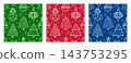 White line Christmas seamless pattern set with green, red and blue backgrounds. New Year endless endless prints with Christmas trees and toys, festive vector bundle with hand drawn doodles 143753295