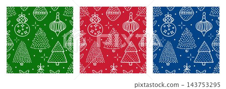 White line Christmas seamless pattern set with green, red and blue backgrounds. New Year endless endless prints with Christmas trees and toys, festive vector bundle with hand drawn doodles White line Christmas seamless pattern set with green, red and blue backgrounds. New Year endless endless prints with Christmas trees and toys, festive vector bundle with hand drawn doodles 143753295