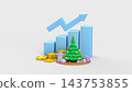 Christmas Sales Growth Concept with Rising Blue Chart Golden Coins and Festive Tree 3d render. 143753855