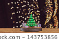 Festive Christmas Tree with Colorful Gift Boxes on Wooden Table and Golden Bokeh Lights Background 3d render. 143753856