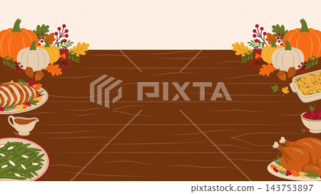 Thanksgiving Wooden Table Background with Holiday Feast and Autumn Decorations 143753897