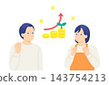 一對夫婦慶祝投資成功，財富增長；背景中有人物、一枚向上傾斜的硬幣和一支箭頭。 143754213