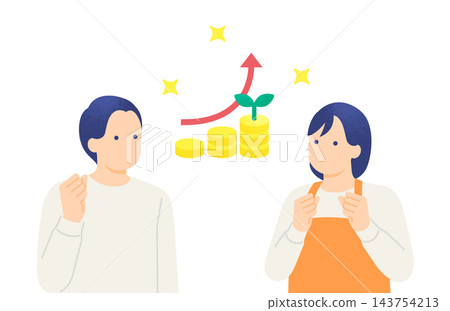 一對夫婦慶祝投資成功,財富增長;背景中有人物、一枚向上傾斜的硬幣和一支箭頭。 一對夫婦慶祝投資成功,財富增長;背景中有人物、一枚向上傾斜的硬幣和一支箭頭。 143754213