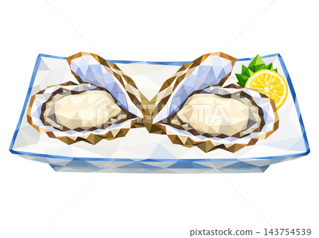 兩隻生蠔盛於日式餐盤中,點綴以紫蘇葉和檸檬。 (Polygon風格) 兩隻生蠔盛於日式餐盤中,點綴以紫蘇葉和檸檬。 (Polygon風格) 143754539