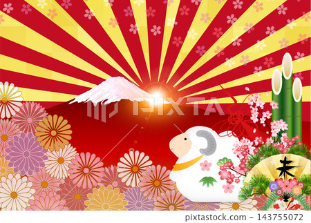 一幅描繪富士山和日出的日本傳統慶祝場景畫,被認為寓意吉祥。 一幅描繪富士山和日出的日本傳統慶祝場景畫,被認為寓意吉祥。 143755072