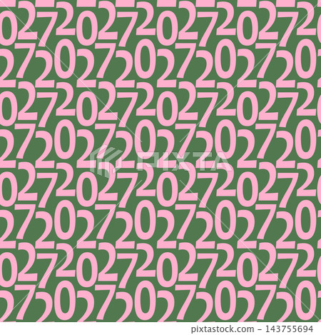 Pattern of pink 2027 numbers on green for New Year wrapping paper in a handdrawn typographic design. Raster illustration for New Year gift wrap, festive packaging, stationery and seasonal print design Pattern of pink 2027 numbers on green for New Year wrapping paper in a handdrawn typographic design. Raster illustration for New Year gift wrap, festive packaging, stationery and seasonal print design 143755694