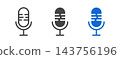 Microphone icon set vector illustration featuring outline, solid black, and blue mic symbols for audio recording, podcasting, and user interface. 143756196