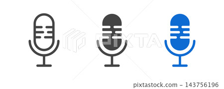 Microphone icon set vector illustration featuring outline, solid black, and blue mic symbols for audio recording, podcasting, and user interface. 143756196