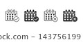 Calendar checkmark and cross mark icon set with schedule approval and cancellation symbols in outline and glyph flat vector design styles. 143756199