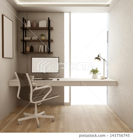 Modern Minimalist Home Office Workspace with Floating Desk and Computer Modern Minimalist Home Office Workspace with Floating Desk and Computer 143756745