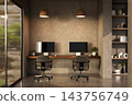 Modern Double Workstation Home Office Interior with Dual Computers and Chairs 143756749