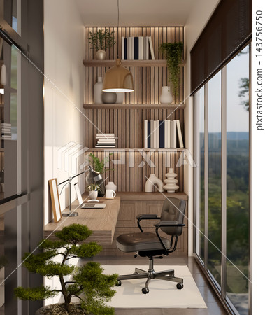 Narrow Balcony Home Office Workspace with Wooden Desk and Vertical Garden Narrow Balcony Home Office Workspace with Wooden Desk and Vertical Garden 143756750