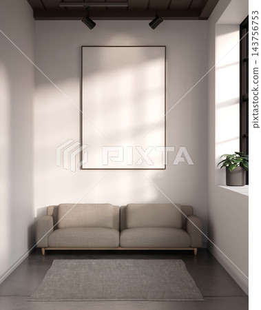 Blank Vertical Poster Frame Mockup in Cozy Living Room with Beige Sofa 143756753