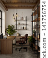 Home Office Interior Cozy Workspace with Wooden Desk Bookshelf and Chair 143756754