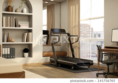 Home Gym and Workspace Interior with Treadmill and Office Desk Home Gym and Workspace Interior with Treadmill and Office Desk 143756765