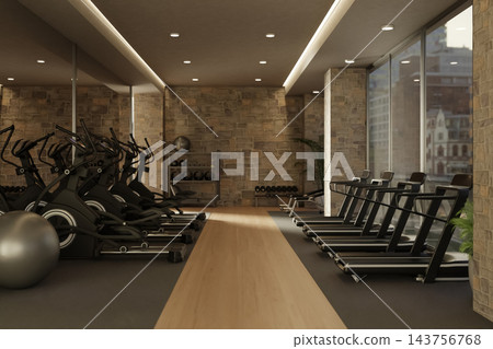 Modern Gym Interior with Treadmills Elliptical Trainers and Fitness Equipment Modern Gym Interior with Treadmills Elliptical Trainers and Fitness Equipment 143756768