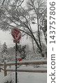積雪覆蓋的停車標誌和樹木 143757806