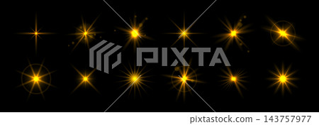 Glowing golden star collection. Shining magic starburst effect set. Bright yellow glaring sparkles and sparks with bokeh or halo. Sun light rays and lens flares pack. Vector flashing flicker beams Glowing golden star collection. Shining magic starburst effect set. Bright yellow glaring sparkles and sparks with bokeh or halo. Sun light rays and lens flares pack. Vector flashing flicker beams 143757977