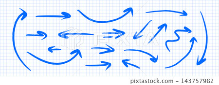 Blue pen hand written arrow element set. Crayon doodled pointer shape collection. Sketch brush stroke direction lines bundle. Curved and wavy scribble cursor pack for scrapbook, notebook. Vector Blue pen hand written arrow element set. Crayon doodled pointer shape collection. Sketch brush stroke direction lines bundle. Curved and wavy scribble cursor pack for scrapbook, notebook. Vector 143757982