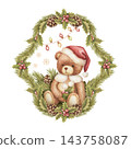 Watercolor christmas curvy frame with teddy bear in red santa hat. Vintage pine branch border shows cute plush toy and light bulb garland. Adorable xmas card template. Nostalgic holiday print design. 143758087