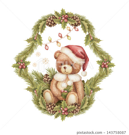 Watercolor christmas curvy frame with teddy bear in red santa hat. Vintage pine branch border shows cute plush toy and light bulb garland. Adorable xmas card template. Nostalgic holiday print design. Watercolor christmas curvy frame with teddy bear in red santa hat. Vintage pine branch border shows cute plush toy and light bulb garland. Adorable xmas card template. Nostalgic holiday print design. 143758087