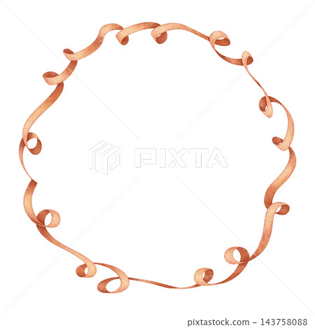 Watercolor ribbon circle frame in orange. Wavy silk lines form a vintage decorative border. Use for wedding card and invitation design. Elegant satin art suits menu template and birthday party label. 143758088