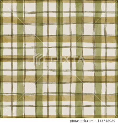 Watercolor plaid pattern in green khaki and beige. Gingham lines create a vintage autumn textile design. Use for wallpaper and clothing design. Cozy fabric print suits tablecloth and blanket design. Watercolor plaid pattern in green khaki and beige. Gingham lines create a vintage autumn textile design. Use for wallpaper and clothing design. Cozy fabric print suits tablecloth and blanket design. 143758089