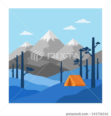 Camping tent in front of snowy mountain range landscape Camping tent in front of snowy mountain range landscape 143758142