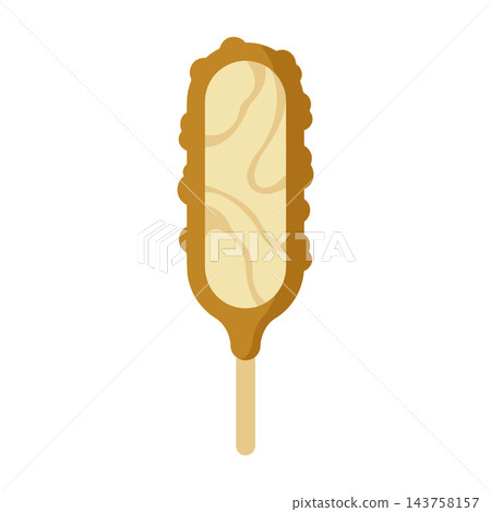 Corn dog on a wooden stick isolated on white background for fast food menu design Corn dog on a wooden stick isolated on white background for fast food menu design 143758157