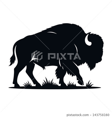 Bison walking in grassy field, black silhouette, wildlife animal Bison walking in grassy field, black silhouette, wildlife animal 143758160