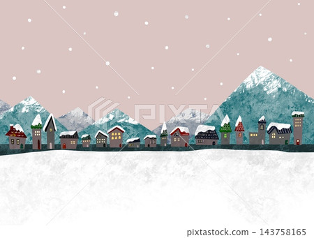 一幅描繪雪景和山脈的插圖；聖誕主題。 143758165