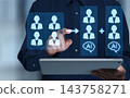 AI-driven workforce transformation through organizational restructuring. Team automation and collaboration between humans and AI. On digital tablets. 143758271