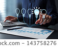 Business ideas and solutions based on knowledge and analysis. A businessman touching a lightbulb icon. 143758276