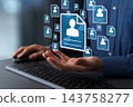 Recruitment and talent management through applicant screening and selection. A human resources manager with a resume icon. 143758277
