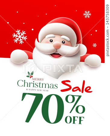 Merry christmas and new year slae, santa smile hold sign, poster design on red and white background Merry christmas and new year slae, santa smile hold sign, poster design on red and white background 143758309