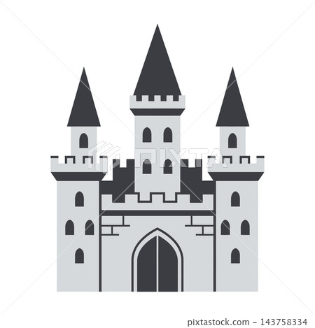Gray castle with three towers and battlements on white background Gray castle with three towers and battlements on white background 143758334