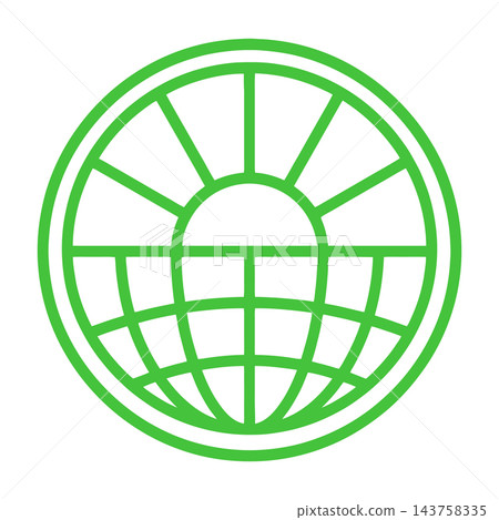 Green globe symbol with lines and grid pattern on white background 143758335