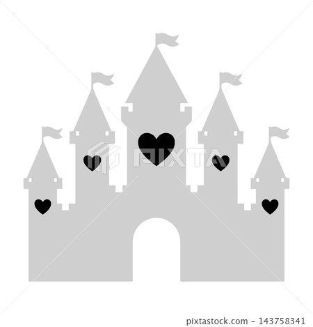 Grey castle with black hearts and flags on towers romantic fairytale symbol 143758341