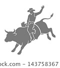 Rodeo cowboy riding angry bull in action, waving arm, cowboy hat, rodeo event 143758367