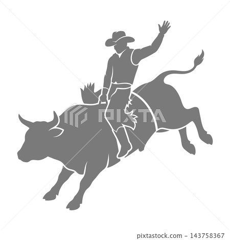 Rodeo cowboy riding angry bull in action, waving arm, cowboy hat, rodeo event 143758367
