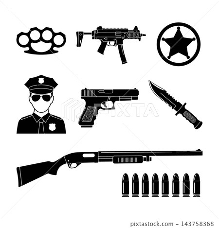 Police officer with various guns and weapons, including handguns, shotgun, and knives Police officer with various guns and weapons, including handguns, shotgun, and knives 143758368