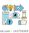 Business strategy and technology icons with eye and chess piece on white background 143758369