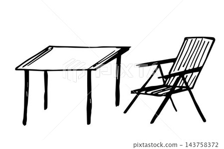 Simple hand-drawn vector ink sketch. Table and folding chair, outdoor furniture, cafe, camping. 143758372