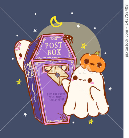 Spooky halloween Mail Delivery, Kawaii Ghost Sending Mail in Postbox Cute Hand Drawn Cartoon Illustration Spooky halloween Mail Delivery, Kawaii Ghost Sending Mail in Postbox Cute Hand Drawn Cartoon Illustration 143758408
